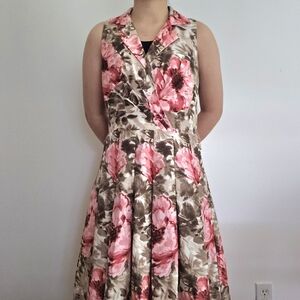 Jessica Howard Floral Pink Cream Pleated Sleeveless Midi Dress Collar Size 10